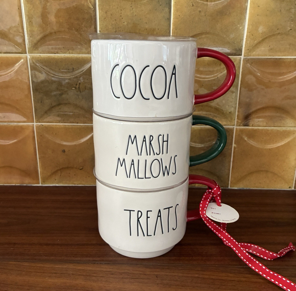 Rae Dunn Artisan Collection Holiday Treats Marshmallows Cocoa Stacking Mugs x3